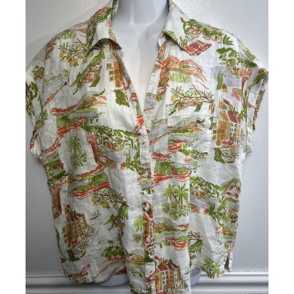 Cynthia Rowley M Amalfi Coast Linen Top S/S Button Scenic Print Lemon Vacation - Picture 2 of 6